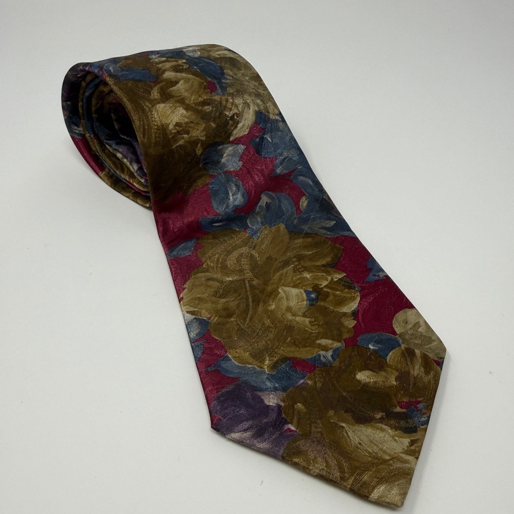 Editions by Van Heusen Mens Floral Necktie‎ Burgundy Olive Blue VTG Made in USA